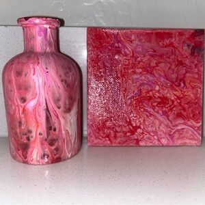 Abstract Pink and Red Art Vase and Canvas Set